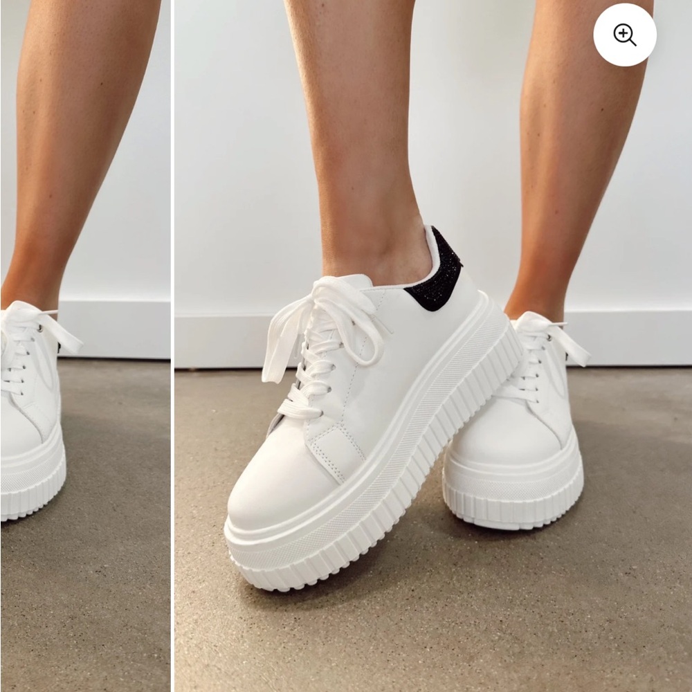 Qupid White Sneakers with Black Rhinestone Detail